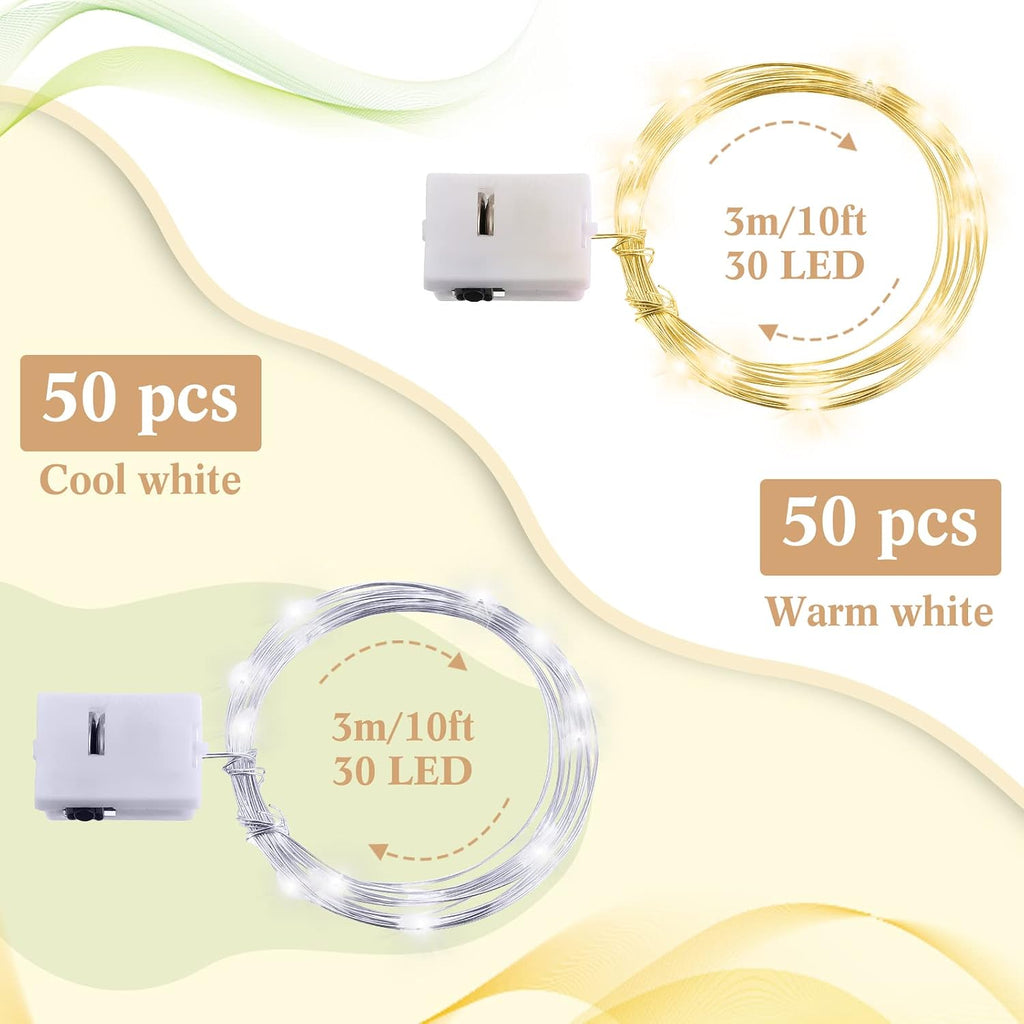 Tuanse 100 Pack Led Fairy Lights Battery Operated String Light 9.8FT Waterproof Silver Wire Firefly Starry Moon Light 30Led for Mason Jars DIY Crafts Wedding Table Centerpieces Christmas Party Decor