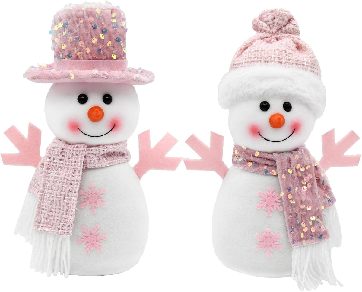 KnomeKo Pink Christmas Snowman Decorations, 2Pcs Pink Snowman Pastel Christmas Decor, Winter Table Centerpiece Tiered Tray Decor Indoor
