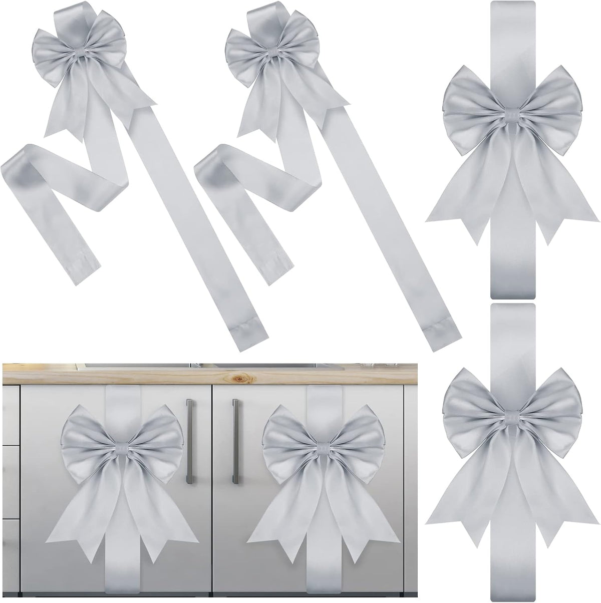Syhood 8 Pcs Christmas Cabinet Bows Door Decorative, Silver | Large Xmas Ribbons Cabinet Door Windows Bows for Christmas Festive Party Cabinets Furniture Kitchen Decorations