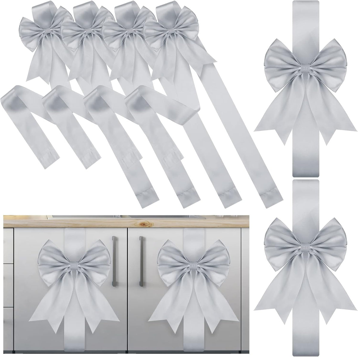 Syhood 8 Pcs Christmas Cabinet Bows Door Decorative, Silver | Large Xmas Ribbons Cabinet Door Windows Bows for Christmas Festive Party Cabinets Furniture Kitchen Decorations