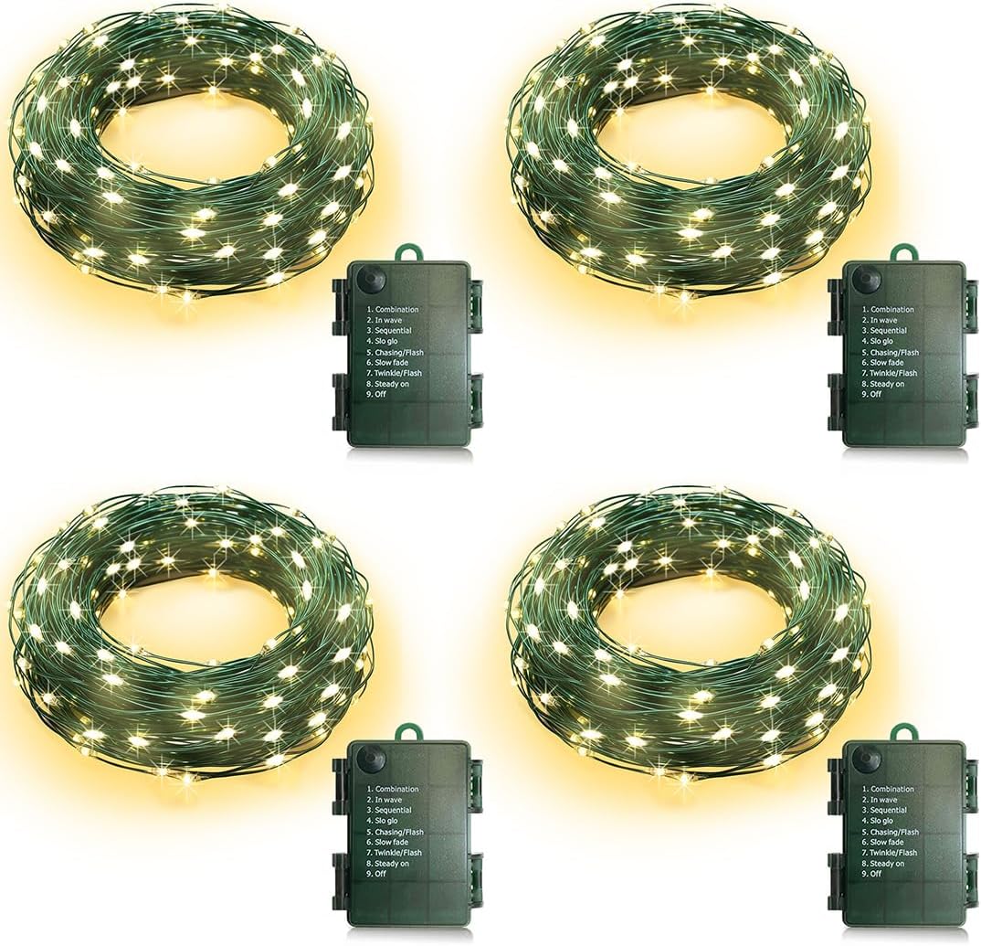 KepStars 4 Pack Fairy String Lights Battery Operated Auto Timer | 16.5ft 50 LED Warm White Twinkle Battery Christmas Lights, 8 Modes, Green Wire Waterproof for Tree Wreath Garland Xmas Decor
