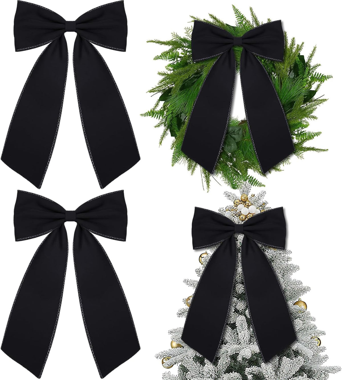 12 Pcs Black Large Christmas Velvet Bow, Xmas Tree Decor | 10x16 Inch Ribbon Design, Ideal for Wreath Garland Banner, Napkin Rings, Fireplace Indoor Outdoor Holiday Decoration