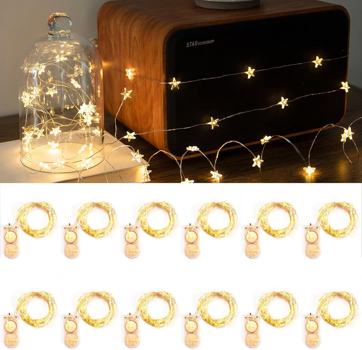 ZELUXDOT 12Pack 6.6ft 20LEDs Star Fairy Lights Battery Operated,Silver Wire | 0.55'' Mini Star String Lights,Waterproof Twinkle Starry Light for DIY Gift Bottle Table Christmas Ramadan Wedding,Cool White