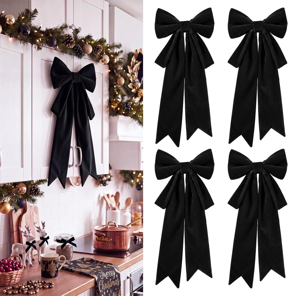 Fuutreo 4 Pcs Large Velvet Red Christmas Cabinet Bows Decor, 24 x 10 in | Christmas Door Ribbon Bows, Xmas Cabinet Decor for Kitchen, Reusable Big Elegant Velvet Bow, Christmas Party Home Decoration