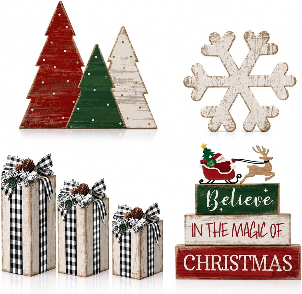Cinnvoice 11 Pcs Christmas Table Decoration, Wooden Santa Tiered Tray Decor | Christmas Tree Table Centerpiece, Winter Snowflake Sign, Christmas Block Signs, Farmhouse Xmas Decoration for Home Shelf Gift