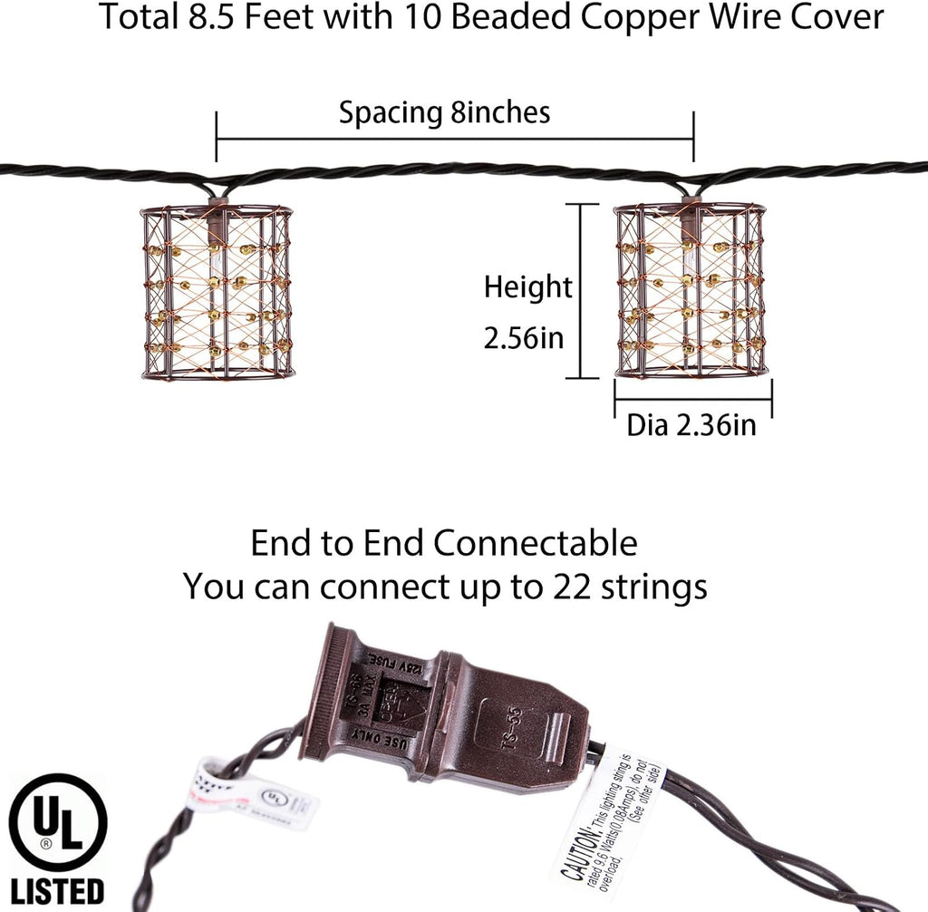 Outdoor Patio String Lights Plug in with 10 Incandescent Bulbs, Handwoven Beaded Copper Wire Style Decorative Lantern String Lights Connectable Weatherproof for Pergola, Porch, Mantel, Indoor Decor