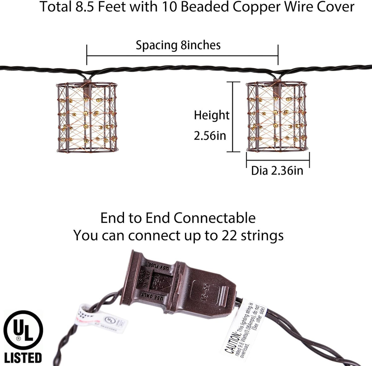 Outdoor Patio String Lights Plug in with 10 Incandescent Bulbs, Handwoven Beaded Copper Wire Style Decorative Lantern String Lights Connectable Weatherproof for Pergola, Porch, Mantel, Indoor Decor