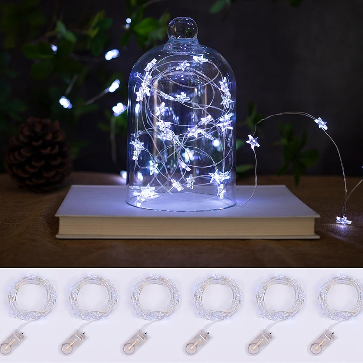 ZELUXDOT 12Pack 6.6ft 20LEDs Star Fairy Lights Battery Operated,Silver Wire | 0.55'' Mini Star String Lights,Waterproof Twinkle Starry Light for DIY Gift Bottle Table Christmas Ramadan Wedding,Cool White