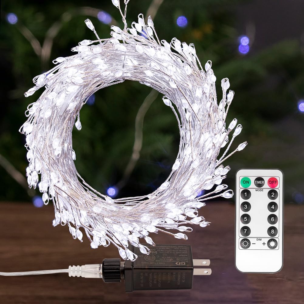 Fairy Lights Plug in 33FT 300 LED Cool White Firecracker Firefly Lights | Cluster String Lights Silver Wire Twinkle Christmas Lights for Bedroom Wreath Window Garden Porch Patio Christmas Tree