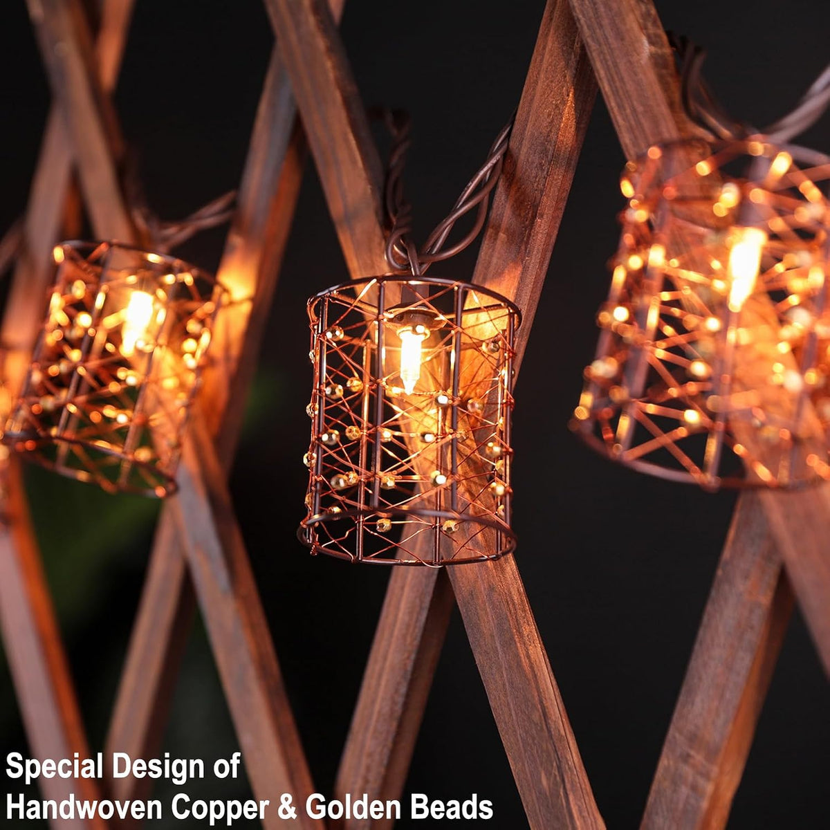 Outdoor Patio String Lights Plug in with 10 Incandescent Bulbs, Handwoven Beaded Copper Wire Style Decorative Lantern String Lights Connectable Weatherproof for Pergola, Porch, Mantel, Indoor Decor