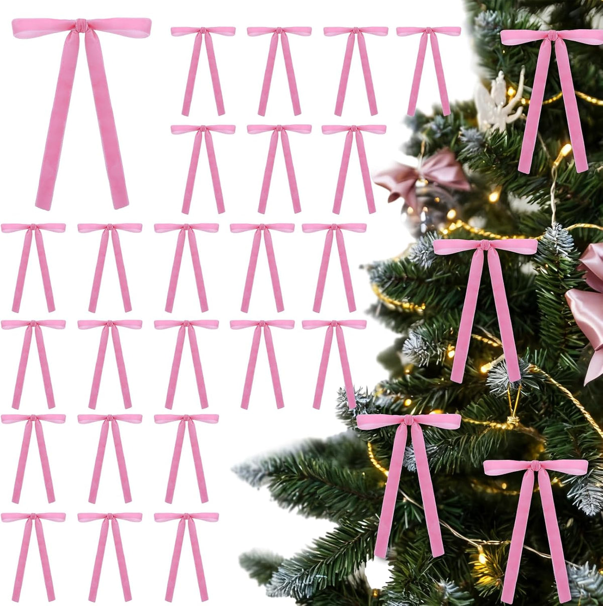 Glitinsel 24 Pcs Velvet Christmas Tree Bow, 10x18,1 w, Pastel | Vintage Christmas Ornaments Bow Velvet Ribbon Bows for Christmas Tree Garland Wreath Holiday Home Decorations
