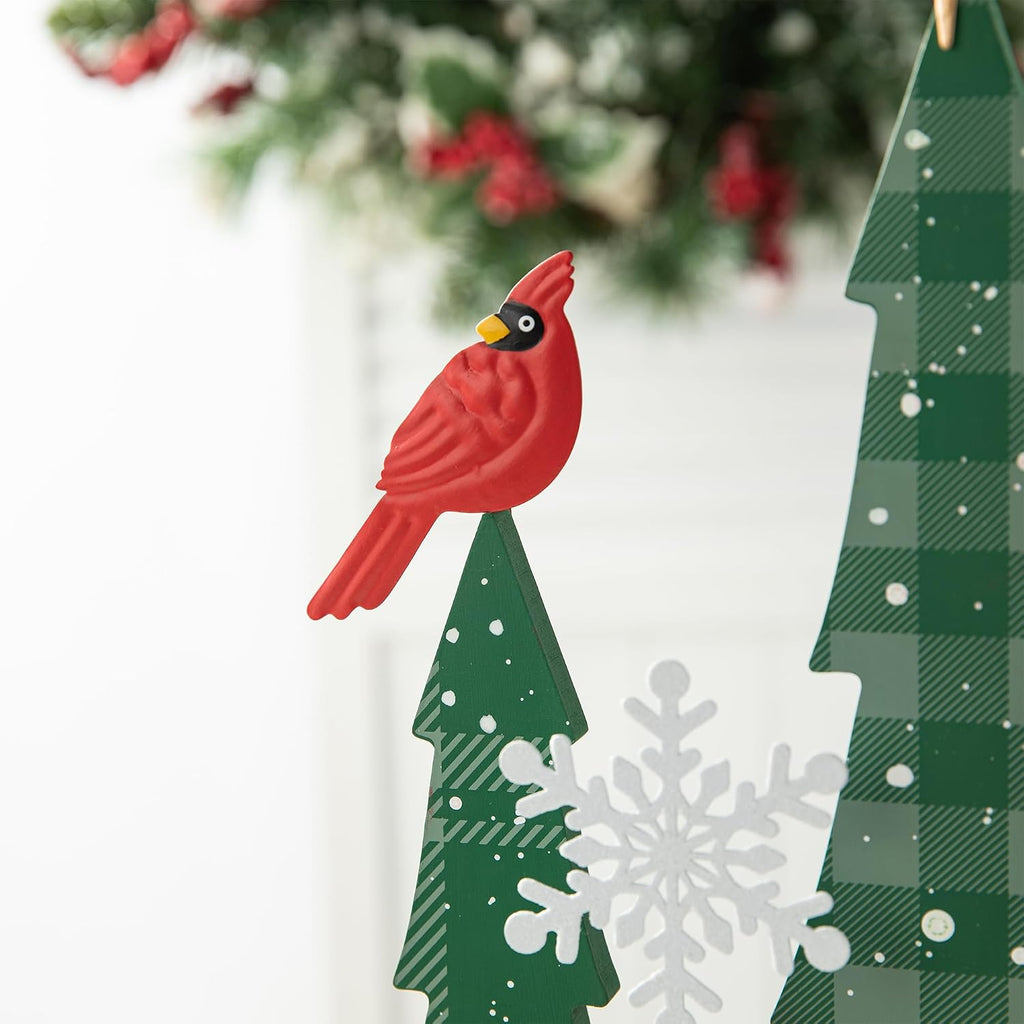Glitzhome Wooden Christmas Tree Table Decor, 23.5H Rustic Winter Holiday Tabletop Decoration Scattered Forest Set with Cardinals, Snowflakes & North Star for Mantel, Desk, Shelf