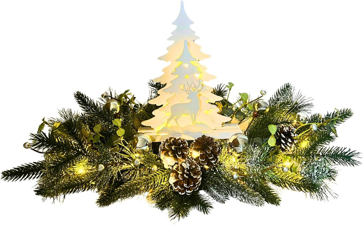 Svndlyn Silver White Pre-Lit Christmas Centerpiece with Woodland Scene | 20 Warm White LEDs, Timer, Frosted Pinecones and Silver Ornaments for Dining Table, Mantel or Console Display