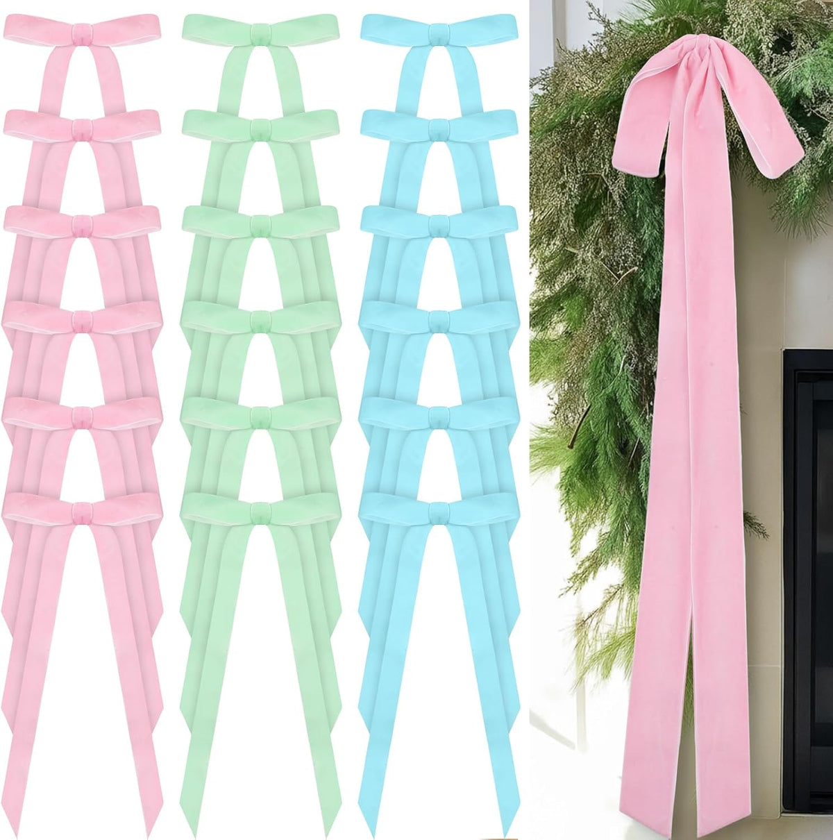 Glitinsel 24 Pcs Velvet Christmas Tree Bow, 10x18,1 w, Pastel | Vintage Christmas Ornaments Bow Velvet Ribbon Bows for Christmas Tree Garland Wreath Holiday Home Decorations
