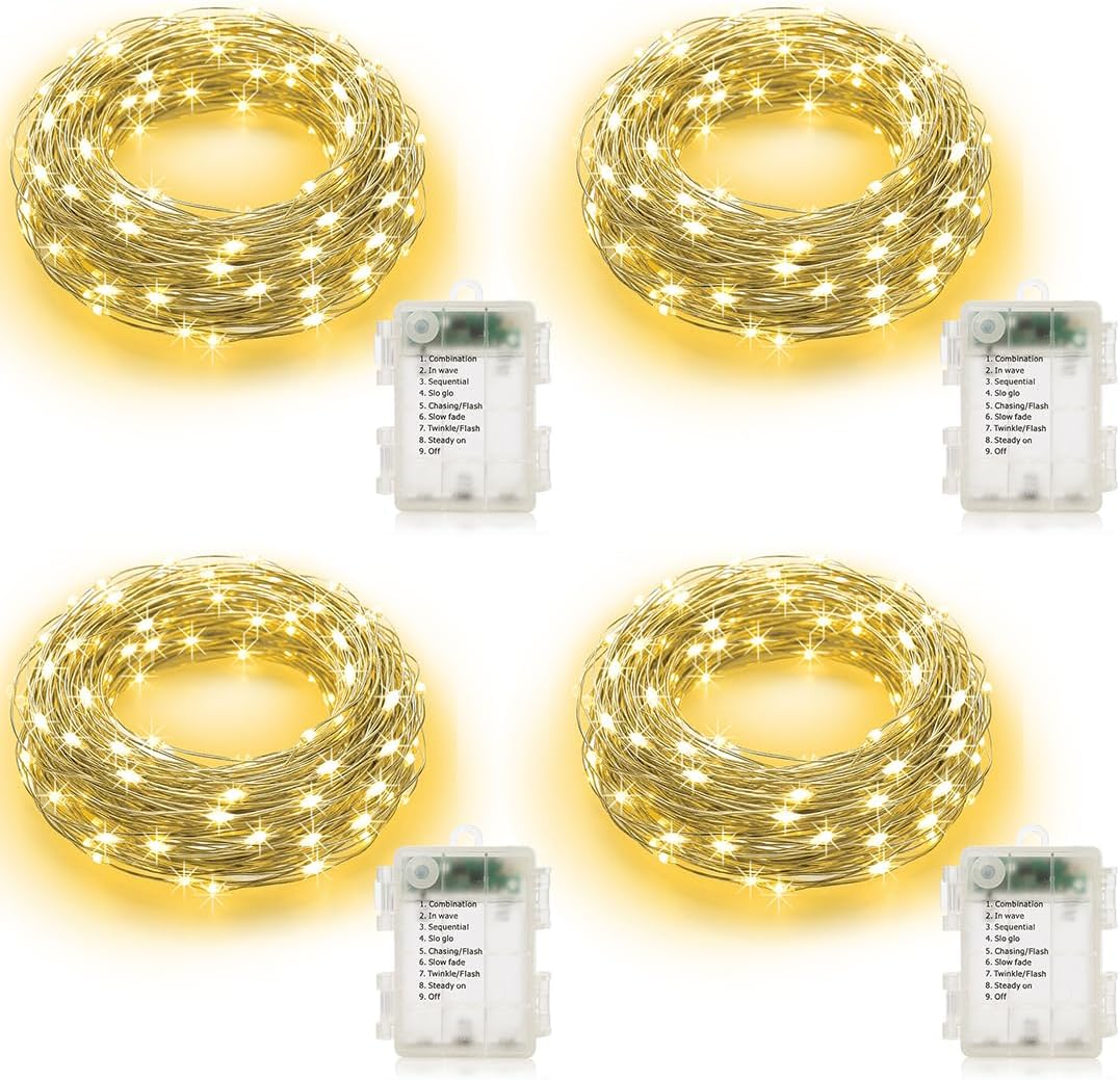 KepStars 4 Pack Fairy String Lights Battery Operated Auto Timer | 16.5ft 50 LED Warm White Twinkle Battery Christmas Lights, 8 Modes, Green Wire Waterproof for Tree Wreath Garland Xmas Decor