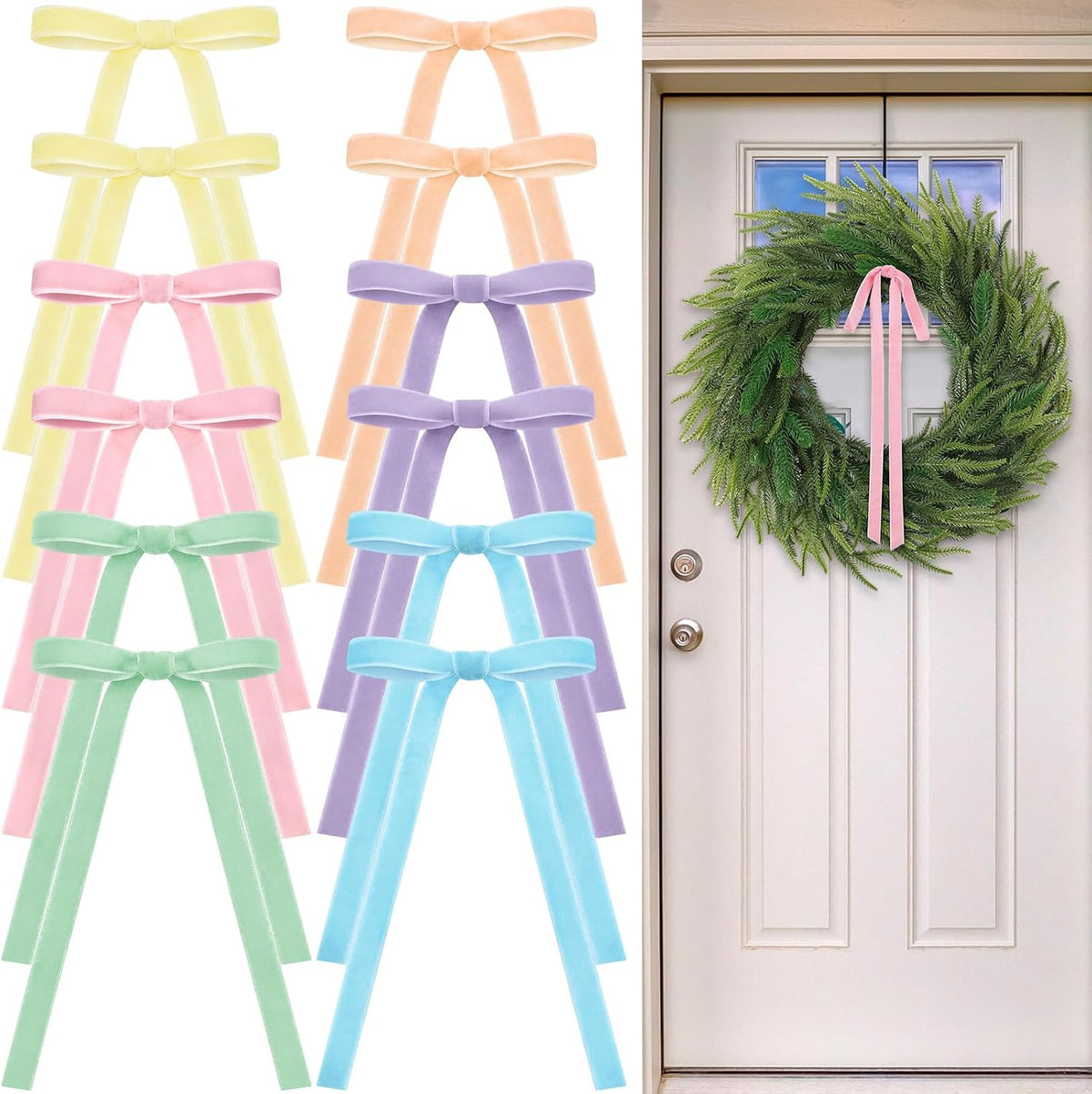 Glitinsel 24 Pcs Velvet Christmas Tree Bow, 10x18,1 w, Pastel | Vintage Christmas Ornaments Bow Velvet Ribbon Bows for Christmas Tree Garland Wreath Holiday Home Decorations