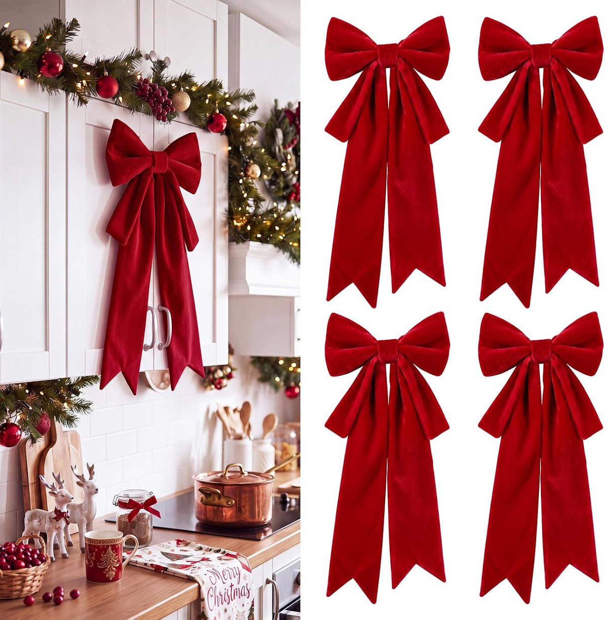 Fuutreo 4 Pcs Large Velvet Red Christmas Cabinet Bows Decor, 24 x 10 in | Christmas Door Ribbon Bows, Xmas Cabinet Decor for Kitchen, Reusable Big Elegant Velvet Bow, Christmas Party Home Decoration