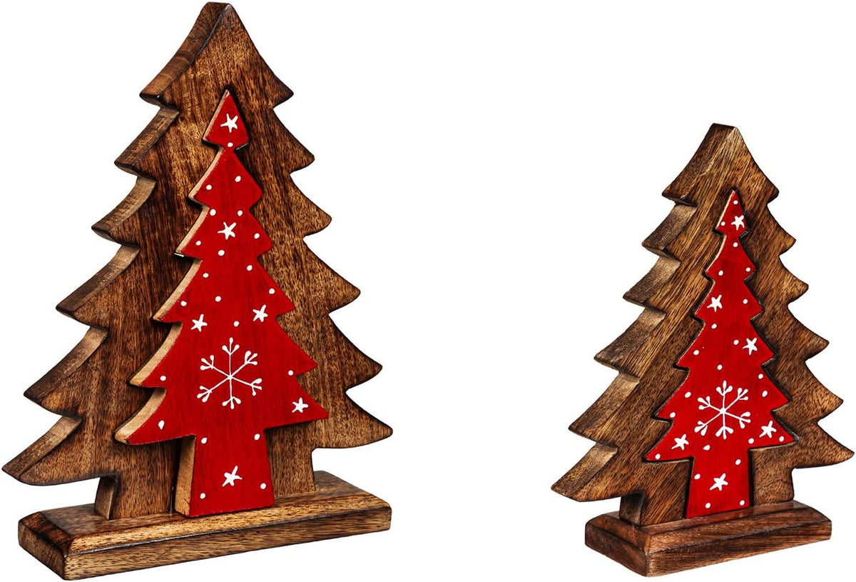 Cypress Home Wood Tree Table Decor with Snowflake Design Removeable Center, Set of 2