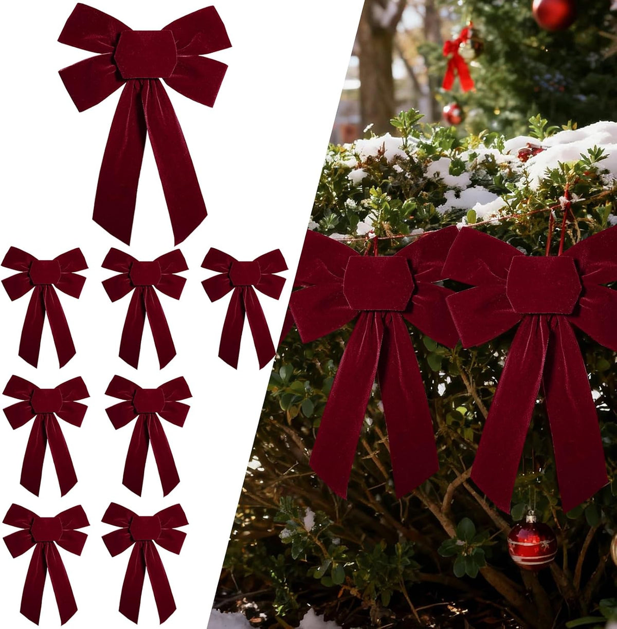 LaRibbons 13 x 9 Burgundy Velvet Christmas Bows Outdoor Decorations | 8 Pack Decorative Bows for Wreath, Tree, Garland & Holiday Decor, Indoor Outdoor Christmas Decorations