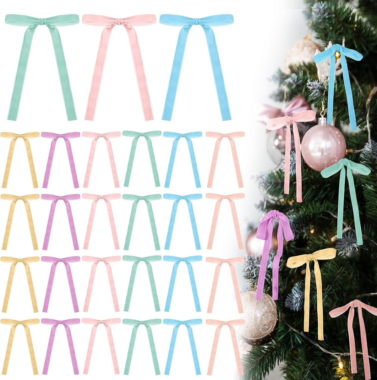 Glitinsel 24 Pcs Velvet Christmas Tree Bow, 10x18,1 w, Pastel | Vintage Christmas Ornaments Bow Velvet Ribbon Bows for Christmas Tree Garland Wreath Holiday Home Decorations