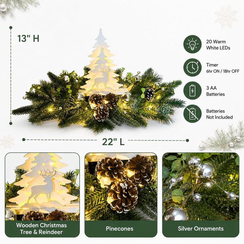 Svndlyn Silver White Pre-Lit Christmas Centerpiece with Woodland Scene | 20 Warm White LEDs, Timer, Frosted Pinecones and Silver Ornaments for Dining Table, Mantel or Console Display