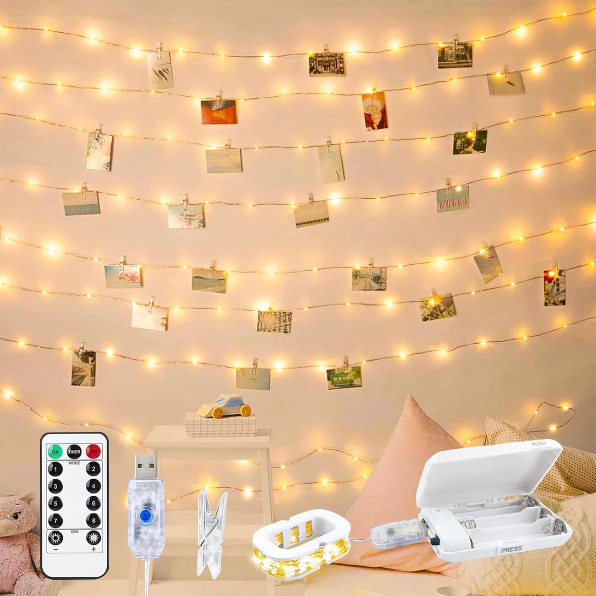 FWYWNL 2 Pcs RGB Smart IC Fairy Lights 16Ft 50LED String Lights with Remote | USB & Battery Powered, Mini Lights & Timer, Music Sync Waterproof Twinkle Lights for Outdoor Wedding Bedroom Christmas Decor