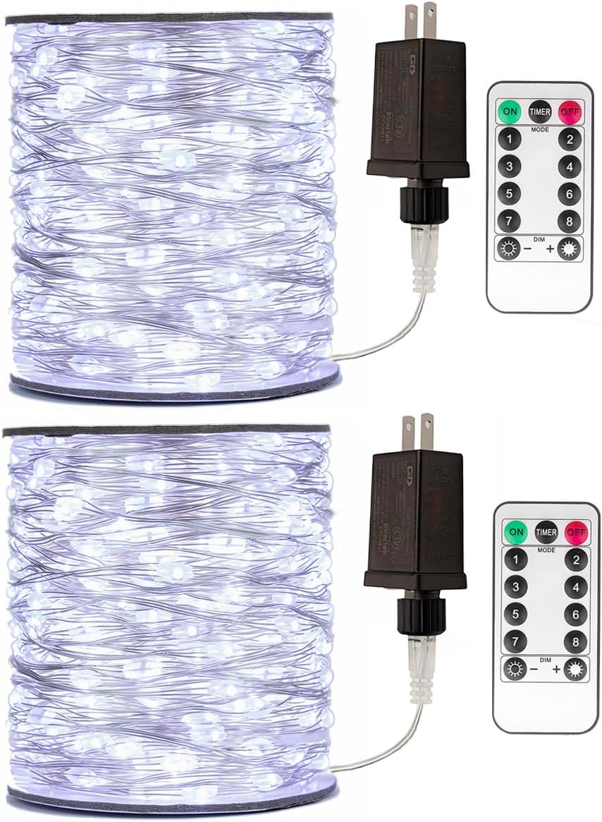 RESNICE 2 Pack Plug in Fairy Lights Silver Wire, 66FT 200 LED, Warm White | With Remote & Timer, 8 Modes, LED Fairy Lights Outdoor Indoor for Bedroom Patio Porch Garden Wreath Christmas Tree Wedding