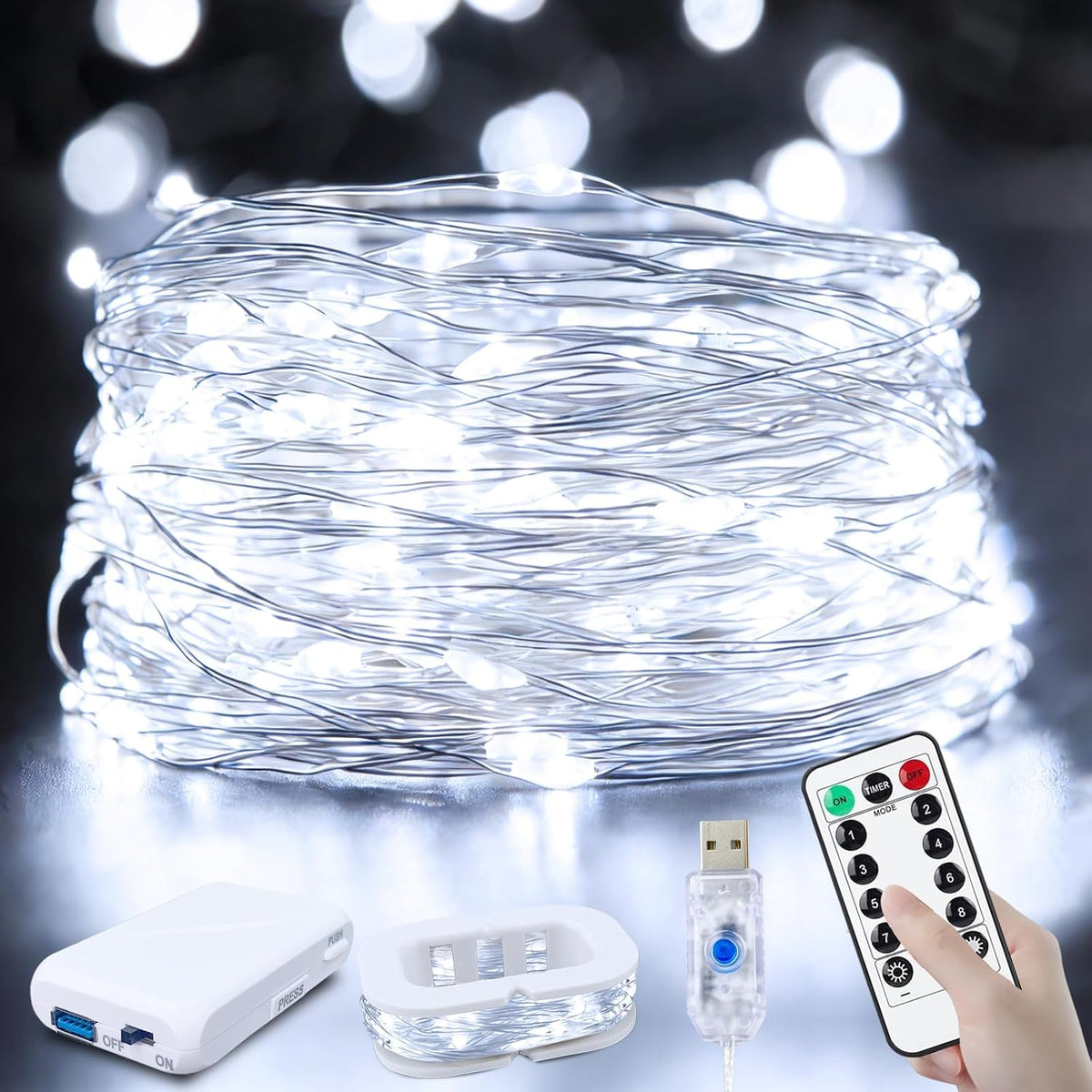 FWYWNL 2 Pcs RGB Smart IC Fairy Lights 16Ft 50LED String Lights with Remote | USB & Battery Powered, Mini Lights & Timer, Music Sync Waterproof Twinkle Lights for Outdoor Wedding Bedroom Christmas Decor