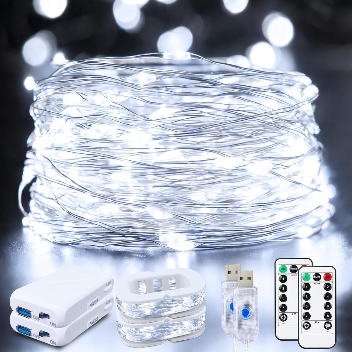 FWYWNL 2 Pcs RGB Smart IC Fairy Lights 16Ft 50LED String Lights with Remote | USB & Battery Powered, Mini Lights & Timer, Music Sync Waterproof Twinkle Lights for Outdoor Wedding Bedroom Christmas Decor