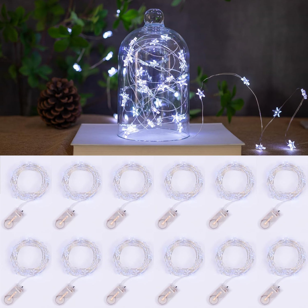 ZELUXDOT 12Pack 6.6ft 20LEDs Star Fairy Lights Battery Operated,Silver Wire | 0.55'' Mini Star String Lights,Waterproof Twinkle Starry Light for DIY Gift Bottle Table Christmas Ramadan Wedding,Cool White