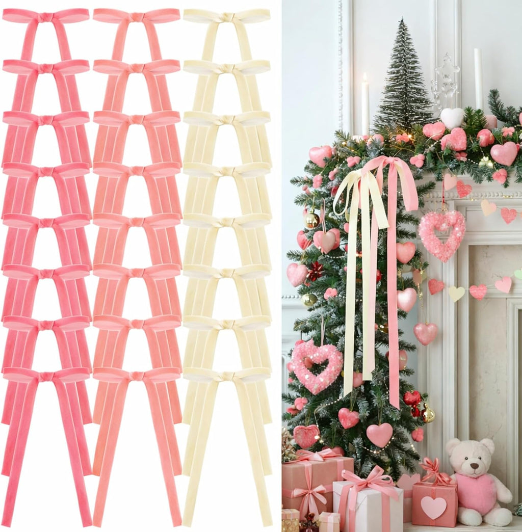 Glitinsel 24 Pcs Velvet Christmas Tree Bow, 10x18,1 w, Pastel | Vintage Christmas Ornaments Bow Velvet Ribbon Bows for Christmas Tree Garland Wreath Holiday Home Decorations
