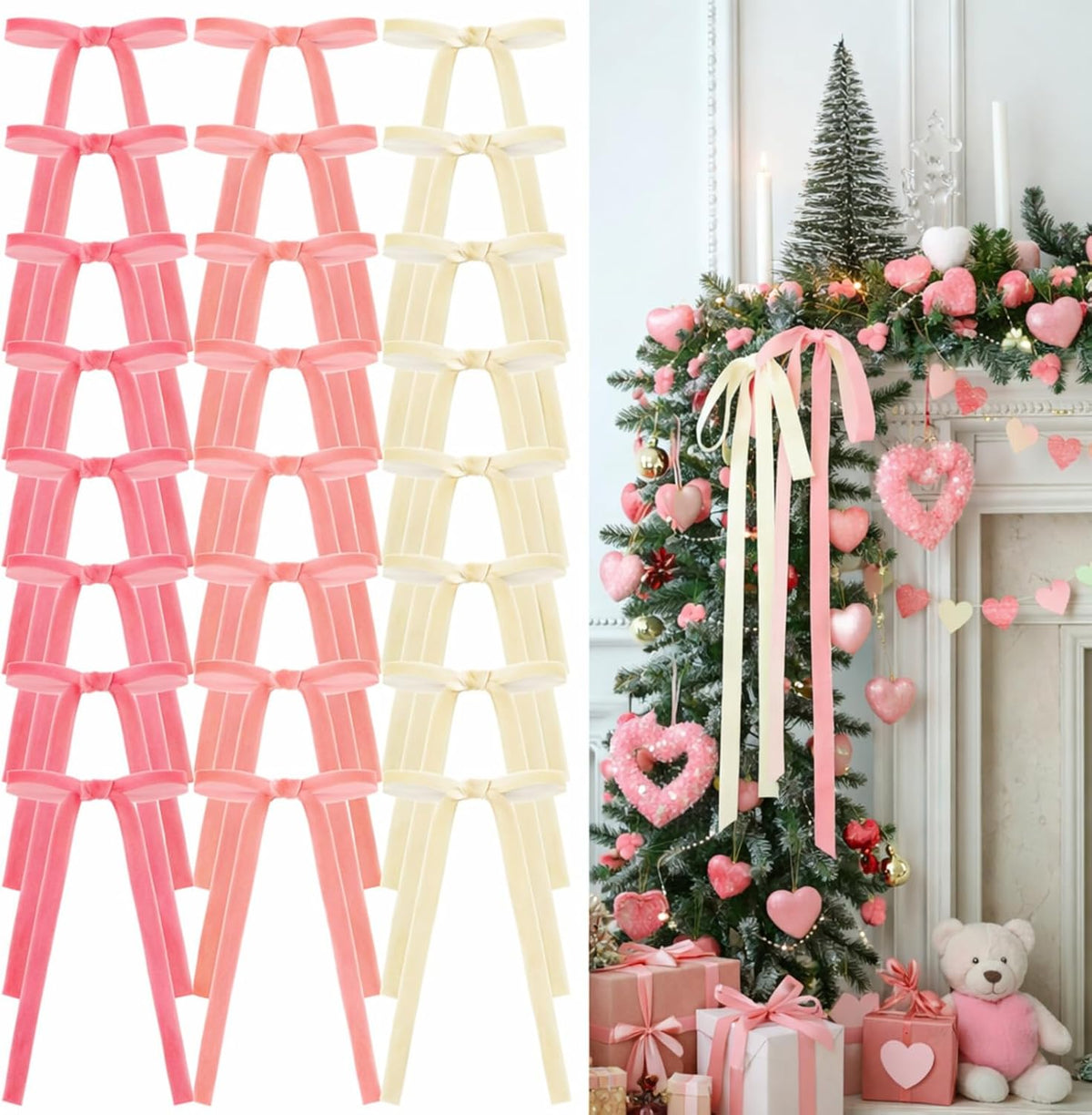 Glitinsel 24 Pcs Velvet Christmas Tree Bow, 10x18,1 w, Pastel | Vintage Christmas Ornaments Bow Velvet Ribbon Bows for Christmas Tree Garland Wreath Holiday Home Decorations