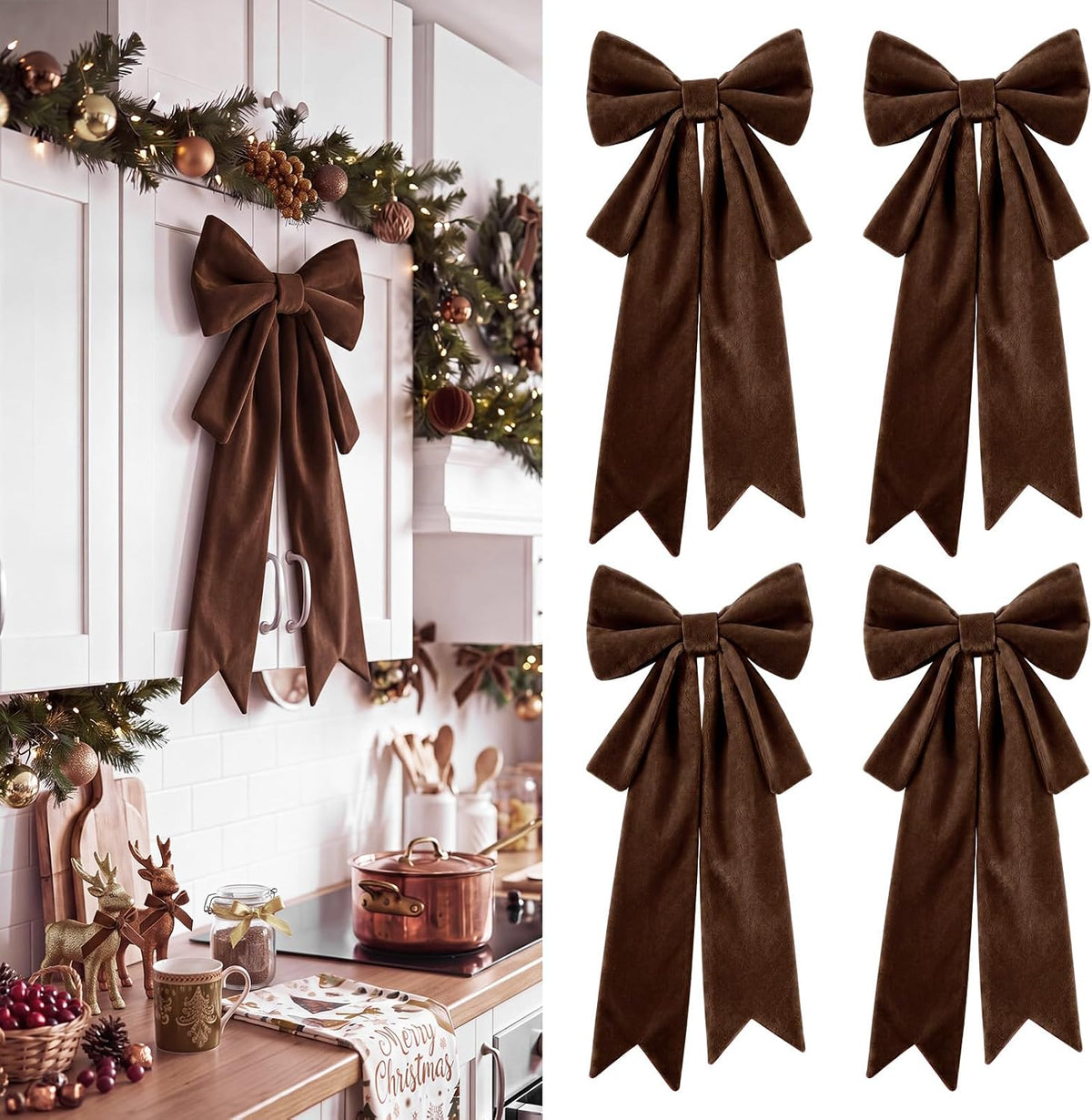 Fuutreo 4 Pcs Large Velvet Red Christmas Cabinet Bows Decor, 24 x 10 in | Christmas Door Ribbon Bows, Xmas Cabinet Decor for Kitchen, Reusable Big Elegant Velvet Bow, Christmas Party Home Decoration