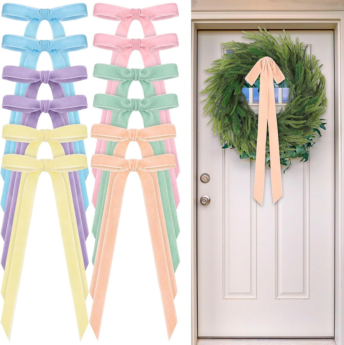 Glitinsel 24 Pcs Velvet Christmas Tree Bow, 10x18,1 w, Pastel | Vintage Christmas Ornaments Bow Velvet Ribbon Bows for Christmas Tree Garland Wreath Holiday Home Decorations