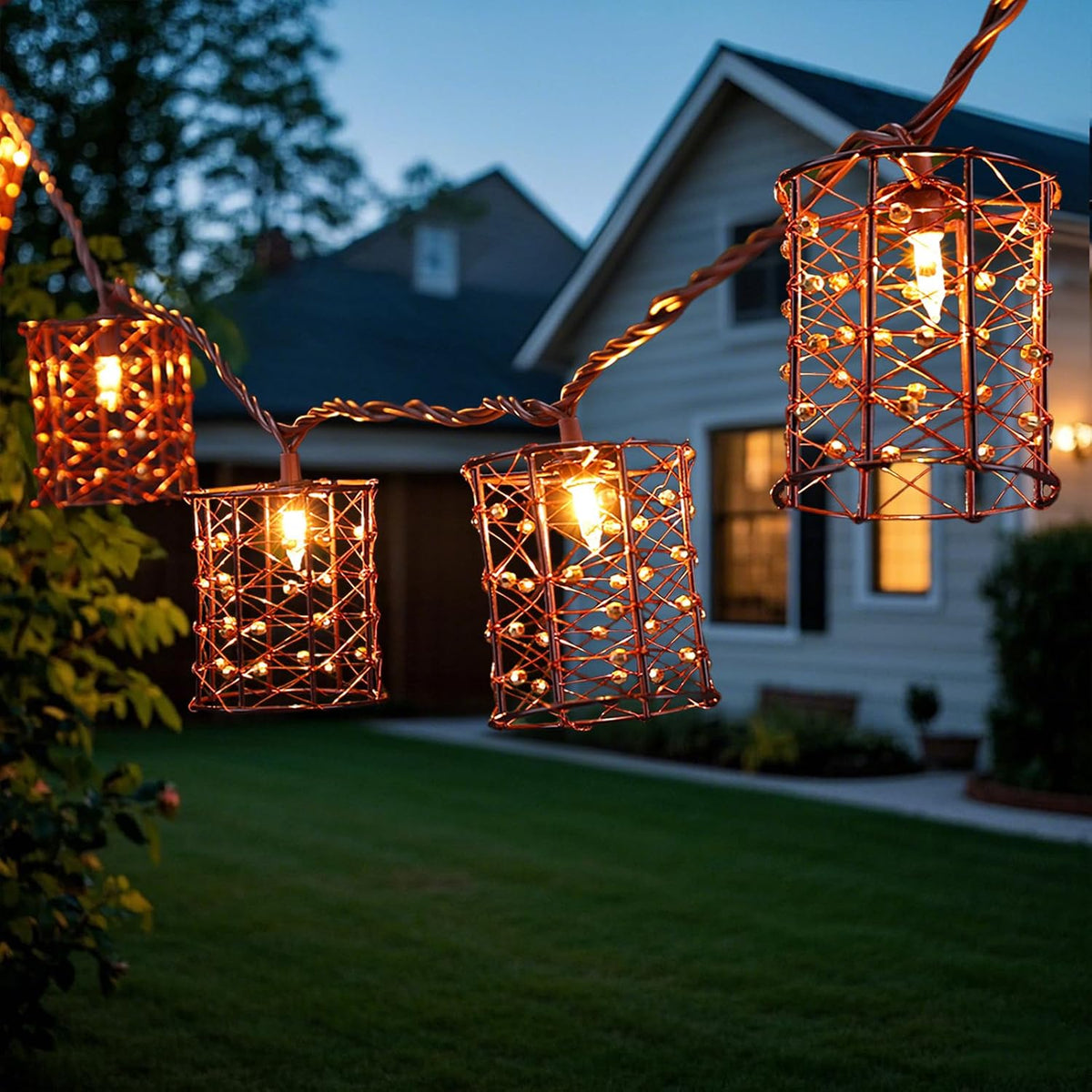 Outdoor Patio String Lights Plug in with 10 Incandescent Bulbs, Handwoven Beaded Copper Wire Style Decorative Lantern String Lights Connectable Weatherproof for Pergola, Porch, Mantel, Indoor Decor