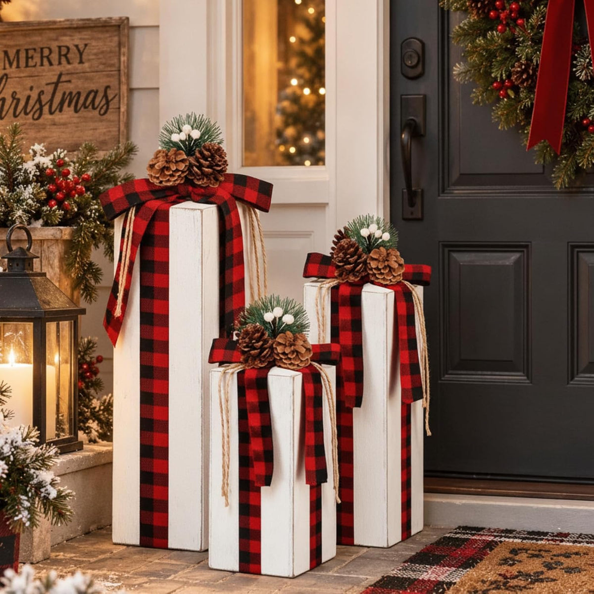 Huwena 3 Pcs Large Christmas Rustic Wood Presents 3 Sizes Christmas Table Centerpieces Christmas Tiered Tray Decor Gift Christmas Xmas Decor Wooden Faux Blocks with Buffalo Plaid Bowknot for Holiday