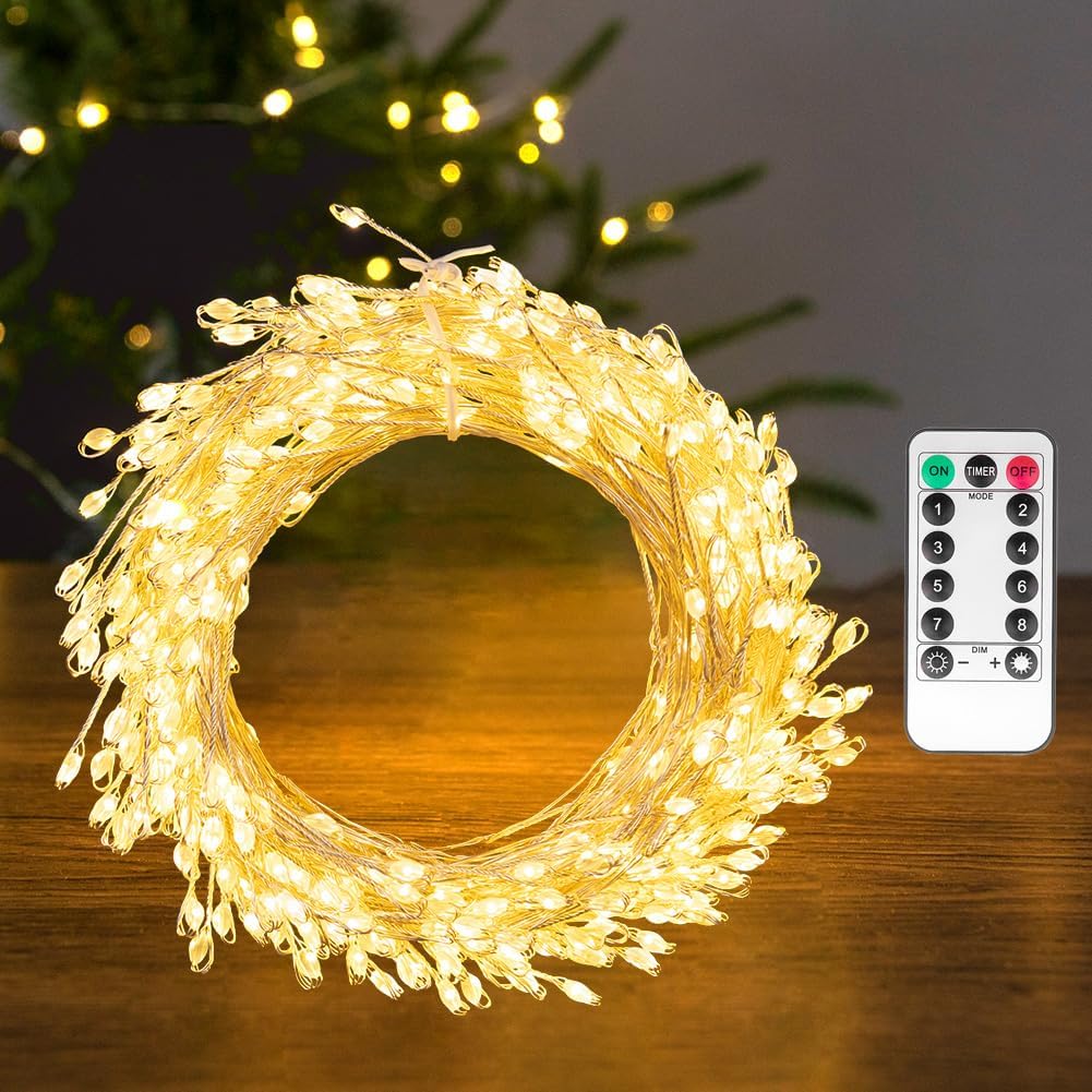 Fairy Lights Plug in 33FT 300 LED Cool White Firecracker Firefly Lights | Cluster String Lights Silver Wire Twinkle Christmas Lights for Bedroom Wreath Window Garden Porch Patio Christmas Tree