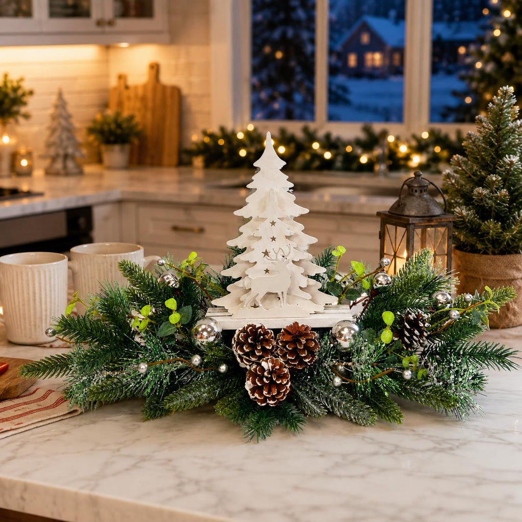 Svndlyn Silver White Pre-Lit Christmas Centerpiece with Woodland Scene | 20 Warm White LEDs, Timer, Frosted Pinecones and Silver Ornaments for Dining Table, Mantel or Console Display