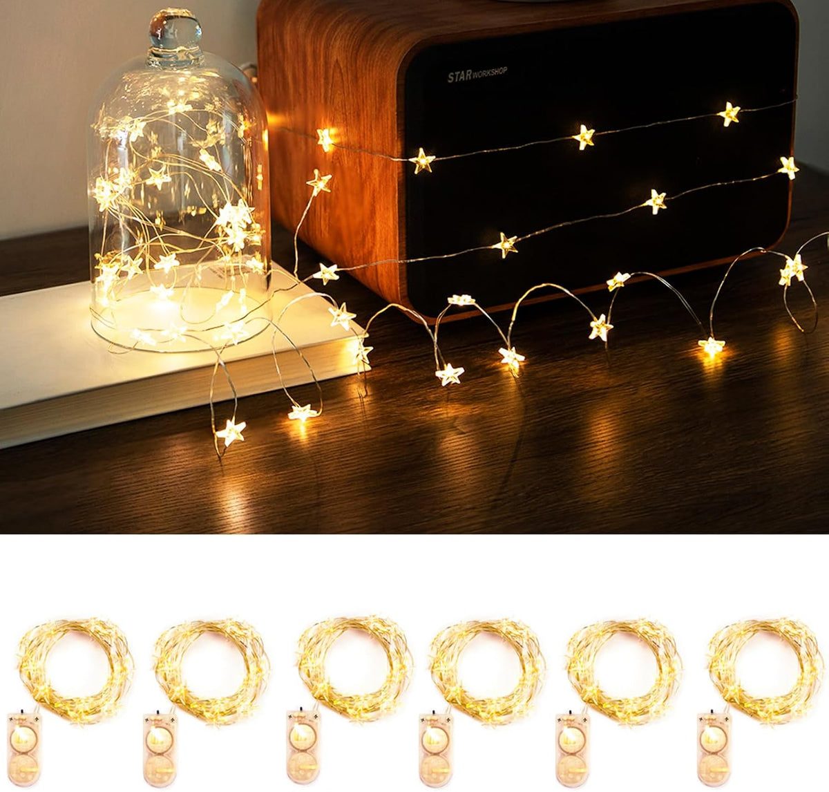 ZELUXDOT 12Pack 6.6ft 20LEDs Star Fairy Lights Battery Operated,Silver Wire | 0.55'' Mini Star String Lights,Waterproof Twinkle Starry Light for DIY Gift Bottle Table Christmas Ramadan Wedding,Cool White