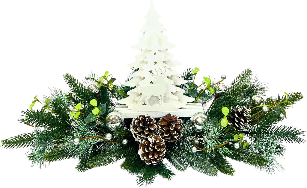 Svndlyn Silver White Pre-Lit Christmas Centerpiece with Woodland Scene | 20 Warm White LEDs, Timer, Frosted Pinecones and Silver Ornaments for Dining Table, Mantel or Console Display