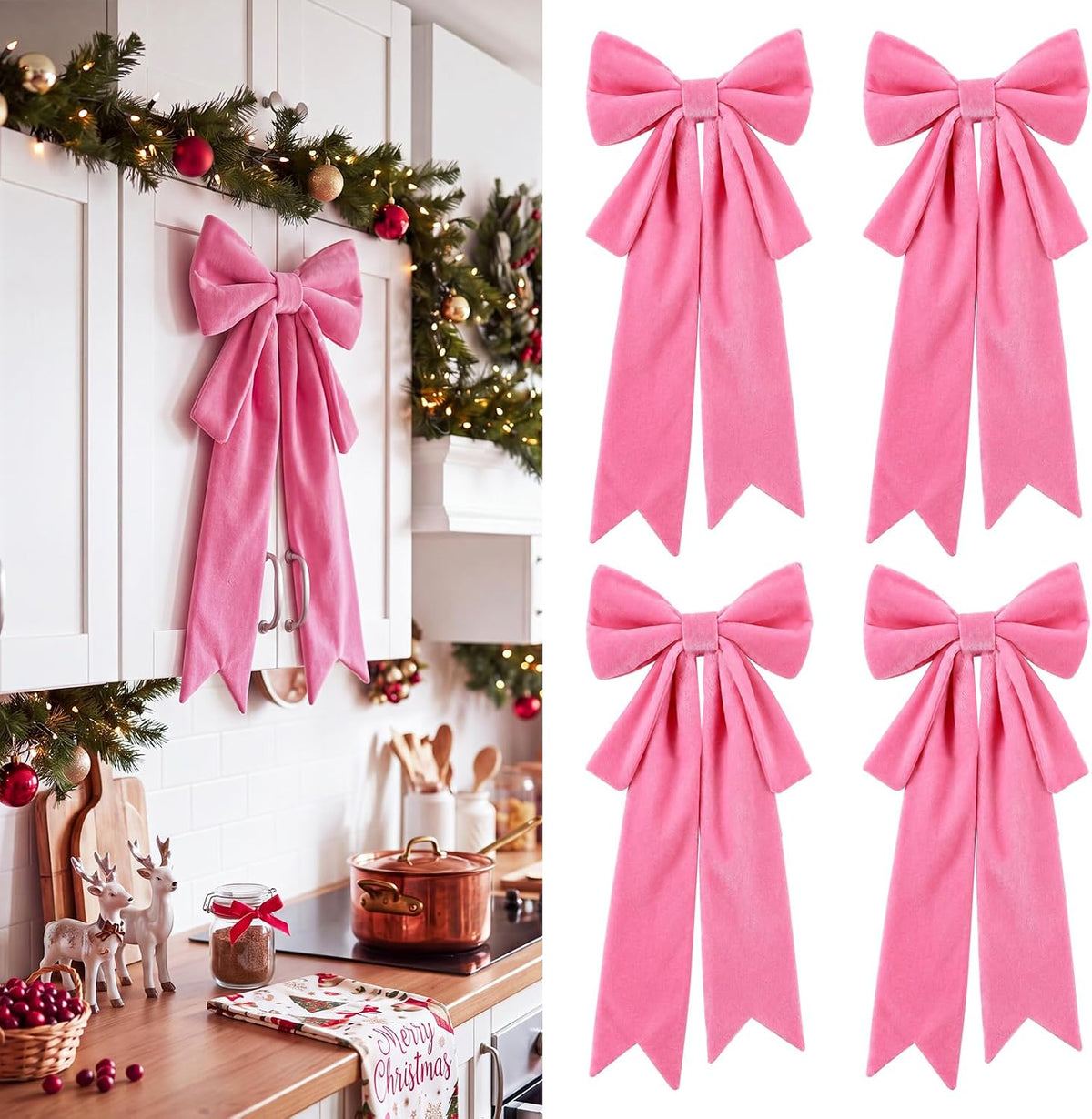 Fuutreo 4 Pcs Large Velvet Red Christmas Cabinet Bows Decor, 24 x 10 in | Christmas Door Ribbon Bows, Xmas Cabinet Decor for Kitchen, Reusable Big Elegant Velvet Bow, Christmas Party Home Decoration
