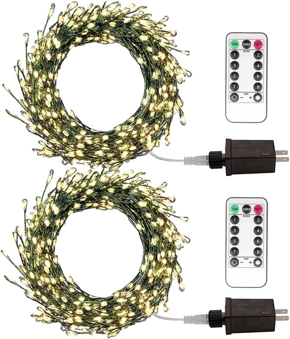 50ft 500LED Christmas Fairy String Lights Plug in, 8 Modes Warm White | Waterproof Remote Control Timer for indoor and outdoor, Green Wire Cluster String Lights, Garden Bedroom Tree Holiday
