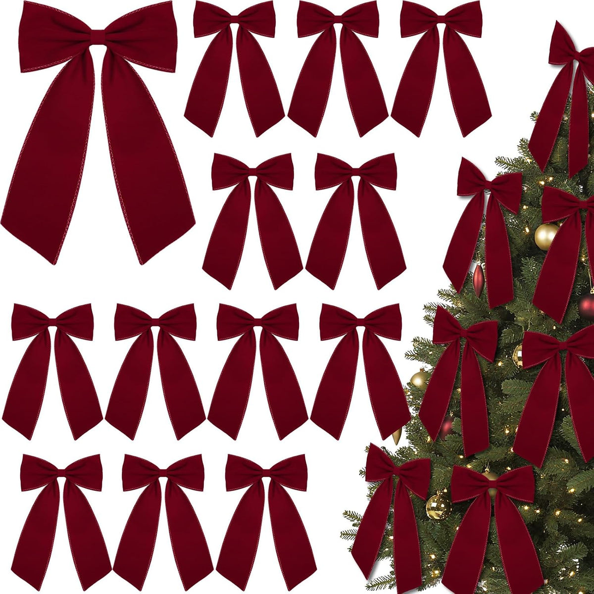 12 Pcs Black Large Christmas Velvet Bow, Xmas Tree Decor | 10x16 Inch Ribbon Design, Ideal for Wreath Garland Banner, Napkin Rings, Fireplace Indoor Outdoor Holiday Decoration