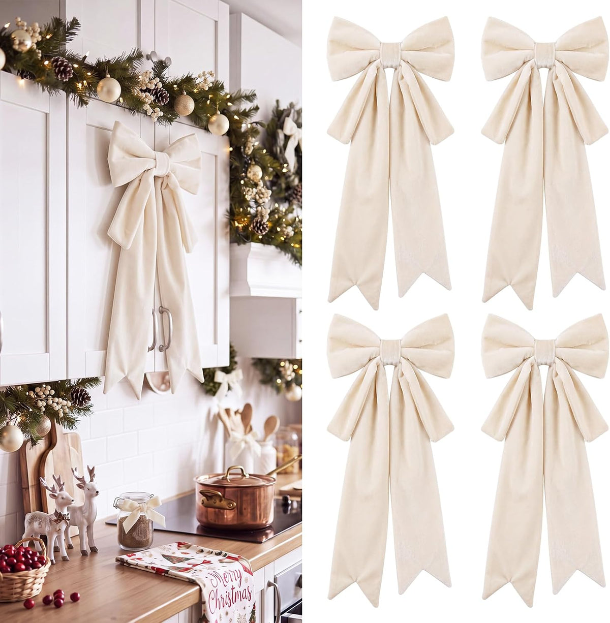 Fuutreo 4 Pcs Large Velvet Red Christmas Cabinet Bows Decor, 24 x 10 in | Christmas Door Ribbon Bows, Xmas Cabinet Decor for Kitchen, Reusable Big Elegant Velvet Bow, Christmas Party Home Decoration