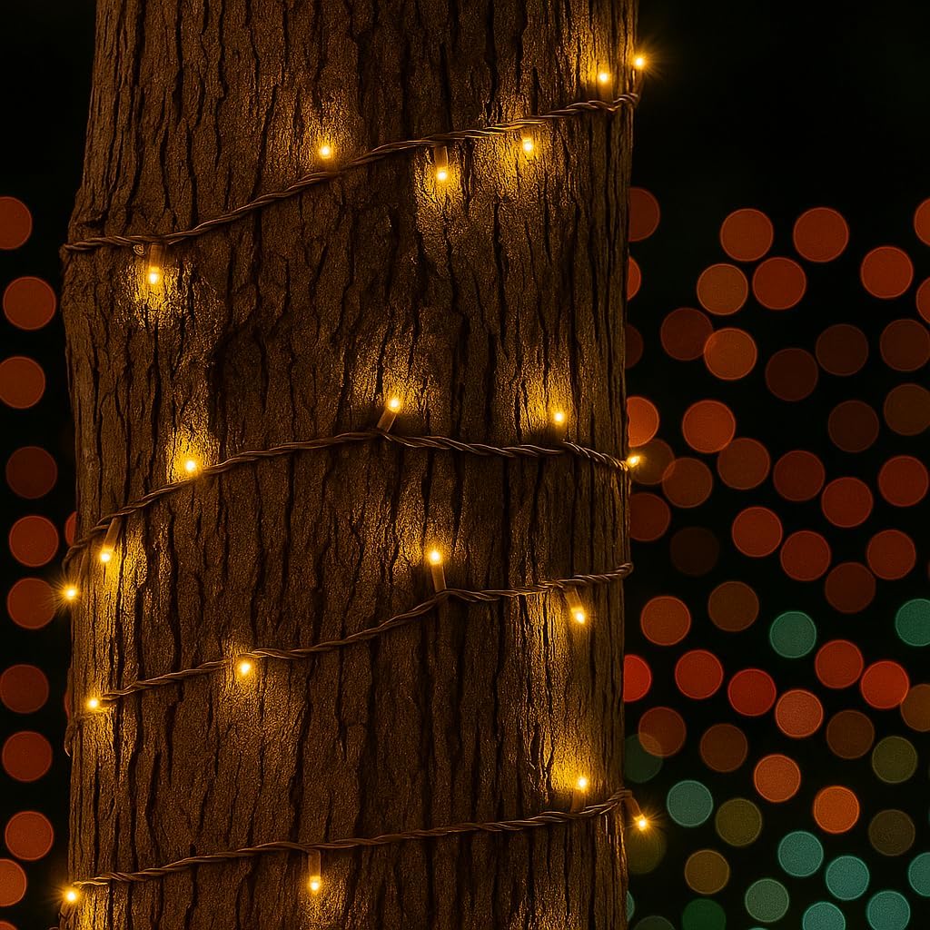Festive Living 100 Warm White Wide Angle LED Mini Lights On Brown Wire | 34 Ft Commercial Grade Christmas String Lights, Full Wave No Flicker, Indoor & Outdoor UL Listed, Connect Up to 21 Sets