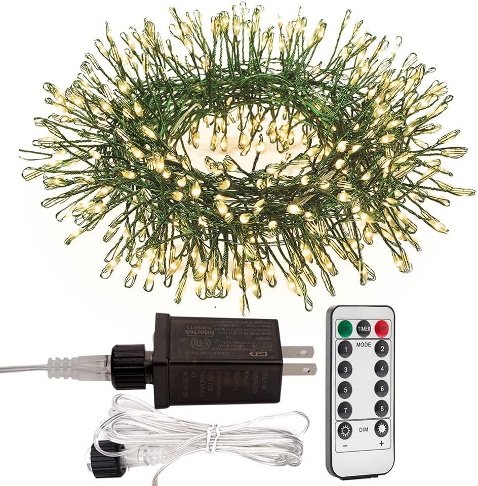 50ft 500LED Christmas Fairy String Lights Plug in, 8 Modes Warm White | Waterproof Remote Control Timer for indoor and outdoor, Green Wire Cluster String Lights, Garden Bedroom Tree Holiday