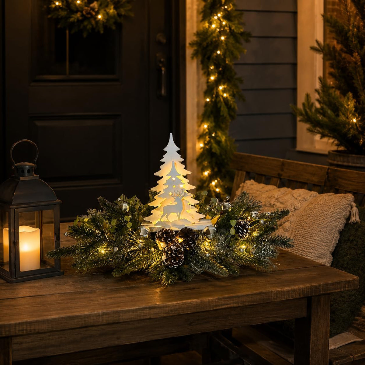 Svndlyn Silver White Pre-Lit Christmas Centerpiece with Woodland Scene | 20 Warm White LEDs, Timer, Frosted Pinecones and Silver Ornaments for Dining Table, Mantel or Console Display