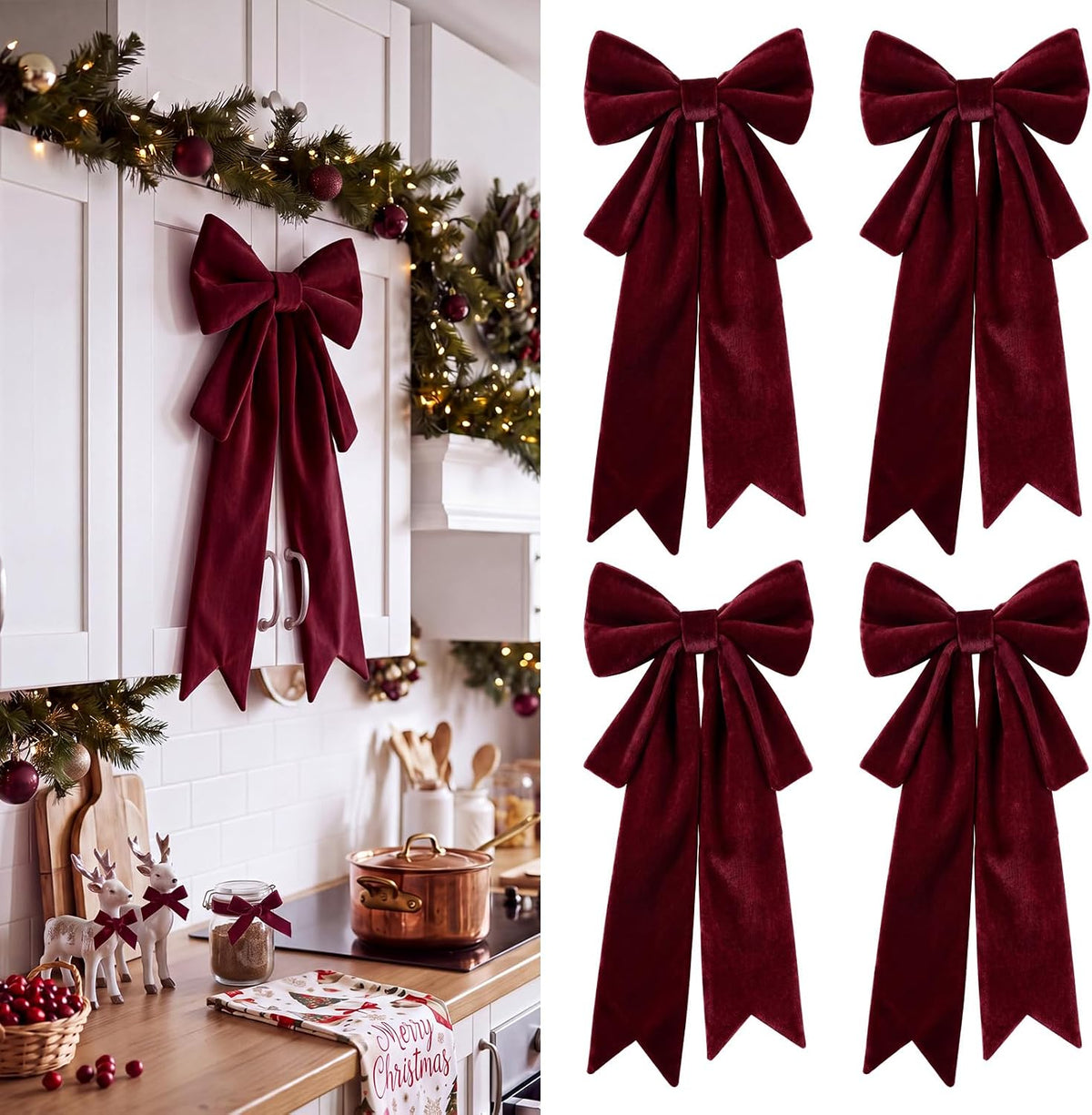 Fuutreo 4 Pcs Large Velvet Red Christmas Cabinet Bows Decor, 24 x 10 in | Christmas Door Ribbon Bows, Xmas Cabinet Decor for Kitchen, Reusable Big Elegant Velvet Bow, Christmas Party Home Decoration