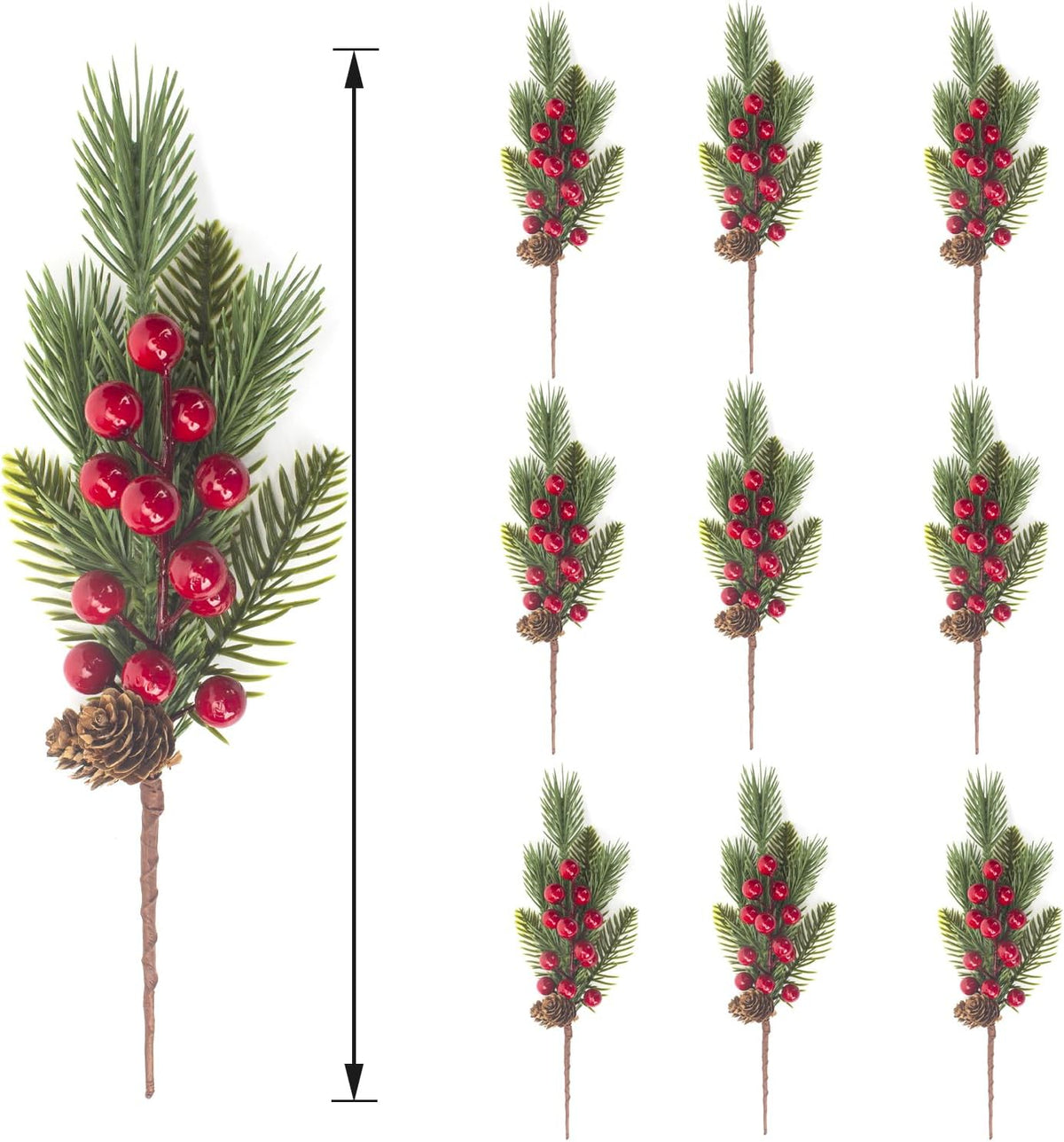 Grunyia 10 Pcs Artificial Pine Cone Picks and Red Berry Mini Artificial Pine Tree for Christmas Party Flower Wreaths and Holiday Decorations