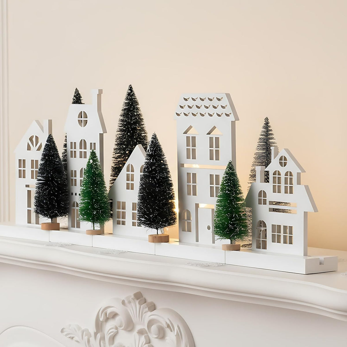 Kathfly 16 Pcs Christmas Village Set with Base Christmas Village Houses | Wooden Houses Tree, Elk ,Cedar Pine, Snowmen Farmhouse Tabletop Decor for Decorative Signs Plaques Centerpieces